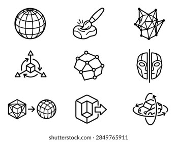 3D mesh design, CGI polygon geometry, and digital character modeling icon set, line vector