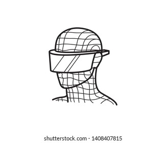 3D mesh digital avatar character with vr headset. Virtual reality line art icons, symbols, logos, drawings, illustrations, signs, doodles for web, business, online