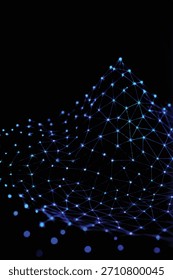 Malla 3D de nodos azules brillantes que forman una estructura de pico contra un fondo oscuro en estilo digital.