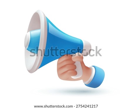 3d mesh hand holding blue megaphone for digital marketing and announcement concept. Realistic vector illustration of hand with loudspeaker, icon for business promotion or news broadcast on white