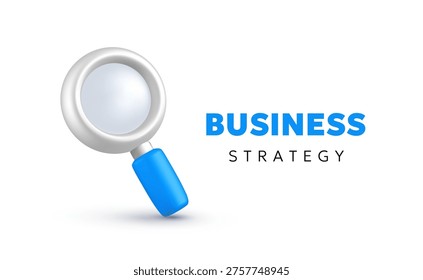 3d mesh magnifying glass icon with text, magnifier for marketing analysis and business planning. Realistic vector template with typography for market research, discovery and success on white