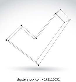 3d mesh monochrome validation symbol isolated on white background, black and white sketch checkmark icon, single color dimensional tech verify sign, clear eps 8 vector illustration.
