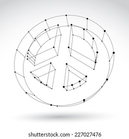 3d mesh monochrome web peace icon isolated on white background, black and white peace symbol from 60s, dimensional tech circle hippy object, clear eps 8 vector illustration.