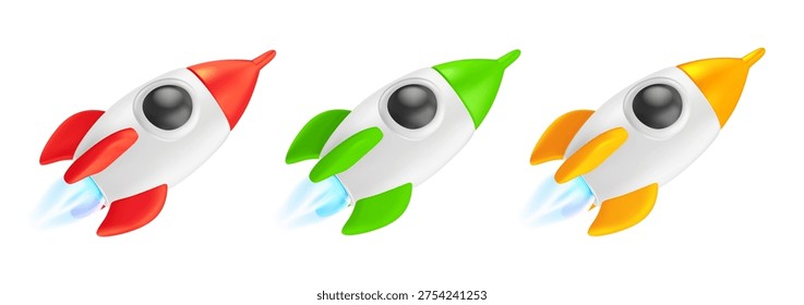3d mesh rocket launch icons set with different colors, realistic spaceship with flame for startup development and business takeoff concept. Vector collection of realistic 3d mesh rockets launching 