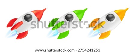 3d mesh rocket launch icons set with different colors, realistic spaceship with flame for startup development and business takeoff concept. Vector collection of realistic 3d mesh rockets launching 