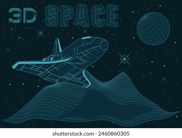 3D Mesh Spacecraft Model, Abstract Space, Surfaces, Planets, Stars. 1980s Computer Art Style Illustration 