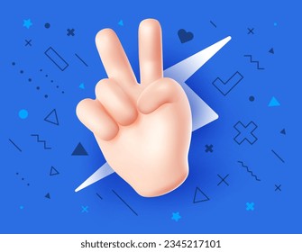 Diseño de emoji estilo malla 3d de mano de piel blanca para la web, banner, afiche, impresión. Ilustración vectorial del signo de gesto de la mano v con flash sobre fondo de color azul