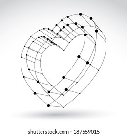 3d mesh stylish web monochrome love heart sign isolated on white background, black and white carcass loving heart icon, dimensional sketch tech cardiology symbol.