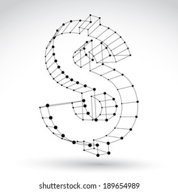 3d mesh stylish web monochrome dollar sign isolated on white background, black and white elegant carcass currency icon, dimensional sketch tech buck symbol, single color clear eps 8 vector?