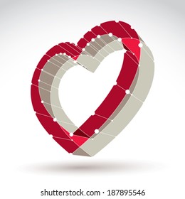 3d mesh stylish web red love heart sign isolated on white background, colorful impose carcass loving heart icon, dimensional sketch tech cardiology symbol with white connected lines.