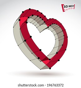 3d mesh stylish web red love heart sign isolated on white background, colorful overlap carcass loving heart icon, dimensional sketch tech cardiology symbol with black connected lines, .eps 8 vector.