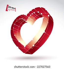 3d mesh stylish web red love heart sign isolated on white background, colorful elegant carcass loving heart icon, dimensional sketch tech cardiology symbol, bright clear eps 8 vector illustration.