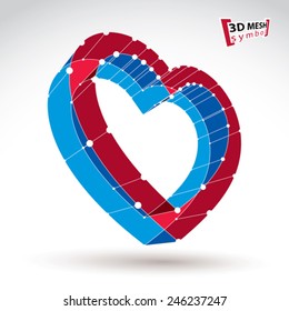 3d mesh stylish web red love heart sign isolated on white background, colorful elegant impose carcass loving heart icon, cardiology symbol, clear eps 8 vector illustration, medical sign.