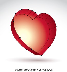 3d mesh stylish web red love heart sign isolated on white background, loving heart icon, dimensional sketch tech cardiology symbol with black lines, bright clear eps 8 vector illustration