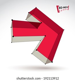 3d mesh trendy colorful forward arrow isolated on white background, lattice bright pointer icon with black connected thin lines, red dimensional tech navigation symbol, clear eps 8 vector illustration