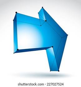 3d mesh trendy colorful forward arrow isolated on white background, lattice bright pointer icon with black connected lines, blue dimensional tech navigation symbol, clear eps 8 vector illustration.