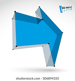 3d mesh trendy colorful forward arrow isolated on white background, lattice bright pointer icon with black connected lines, blue dimensional tech navigation symbol, clear eps 8 vector illustration.
