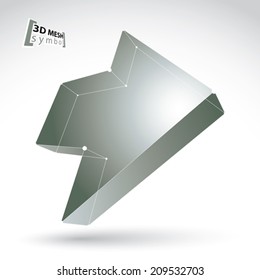 3d mesh trendy silver arrow isolated on white background, elegant monochrome pointer icon, dimensional tech navigation symbol, clear eps 8 vector illustration.
