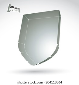 3d mesh web monochrome security icon isolated on white background, black and white lattice shield symbol, dimensional tech protection object, clear eps 8 vector illustration.