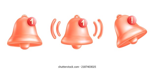 3d message bell. Morning notification free conversation icon, sign exclamation get sound alert call sms mailbox reminder social media information, isolated tidy vector illustration of bell 3d