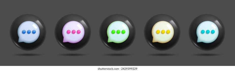 Burbuja de mensajes 3d en modo círculo oscuro. Diferentes iconos de mensajería vectorial realista para diseños y conceptos con fondo oscuro. Conjuntos 3d de elementos vectoriales.