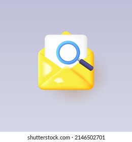 3d message icon with magnifying glass isolated on gray background. Vector illustration.