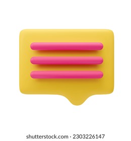 3d message isolated on white background. Stylized plastic chat with text. Volumetric yellow speech bubble sign. Realistic Notification dialog icon. Social media chatting. Vector cartoon illustration