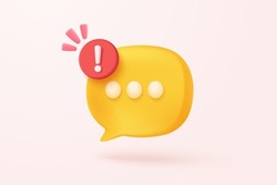 3D Message Speech Bubbles Icon On Social Media With Alert Notice. Comment 3d Or User Reply Sign False, Correct, Problem, Fail Chat Message On Social Media. 3d Bubble Icon Vector Render Illustration