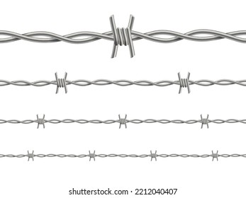 3D metal barbed wire with sharp barbs, thorns and spikes, seamless pattern set vector illustration. Realistic steel fence barbwire with twisted texture, fencing border isolated on white background