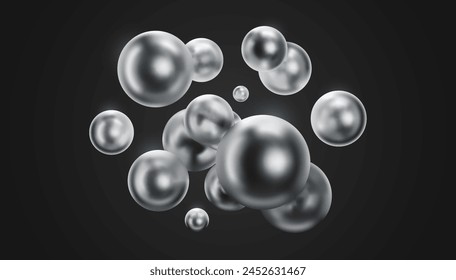 3d metal chrome liquid blobs set. Abstract colored spheres in flight. Vector realistic render of bubbles on an isolated white background. Illustration of lava lamp elements in y2k style.