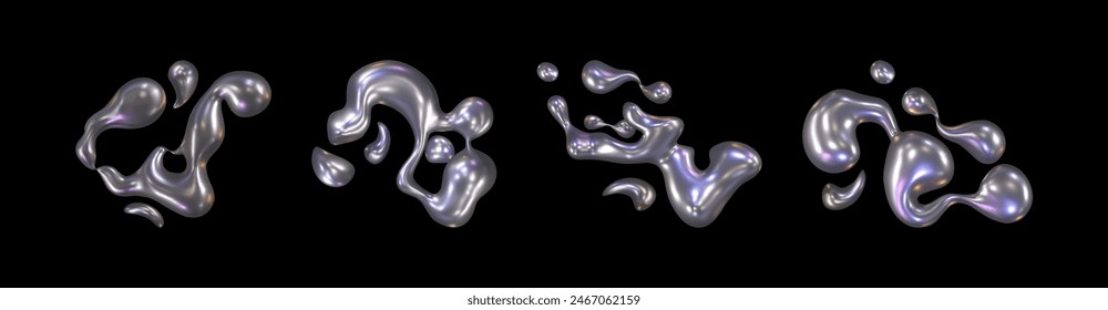 3d metal chrome liquid y2k shape object vector. Isolated hologram mercury fluid blob element. Futuristic aesthetic wavy and glossy drop. Creative holographic iridescent decoration asset collection