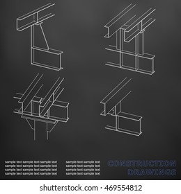 3D metal construction. The beams and columns. Cover, background for inscriptions. Construction drawings. Black