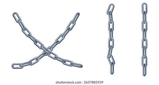 3d metal crossed chain isolated. Vector silver steel locked icon. Security padlock realistic render. Abstract safety connected rings, long strong heavy border. Closed path, protected cargo package
