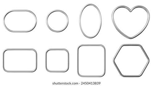 3D Metallrahmen Set von geometrischen Formen: Kreis, Oval, Rechteck, Quadrat, Herz, Sechseck. Realistische glänzend rosa Rand Kollektion. Vektorillustration des Bestands auf isoliertem Hintergrund.	
