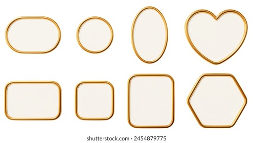 3d metal frames set of geometric shapes: circle, oval, rectangle, square, heart, hexagon. Realistic shiny pink border collection. Stock vector illustration on isolated background.	
