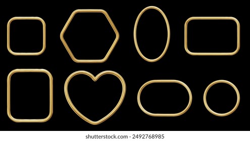 3d metal frames set of geometric shapes: circle, oval, rectangle, square, heart, hexagon. Realistic shiny pink border collection. Stock vector illustration on isolated background.	
