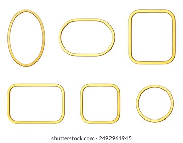 3d metal frames set of geometric shapes: circle, oval, rectangle, square. Realistic shiny pink border collection. Stock vector illustration on isolated background.
