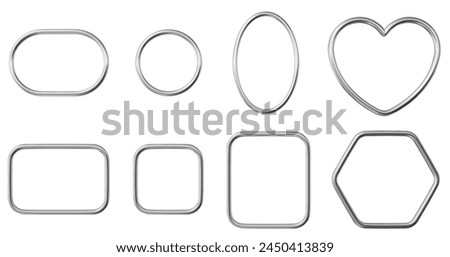 3d metal frames set of geometric shapes: circle, oval, rectangle, square, heart, hexagon. Realistic shiny pink border collection. Stock vector illustration on isolated background.	
