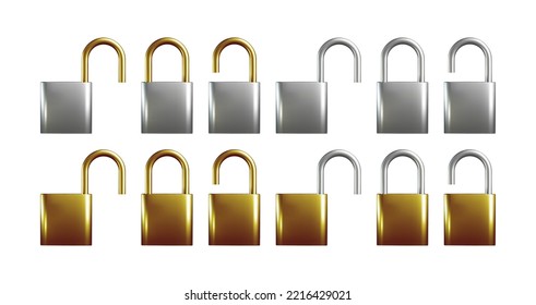 3d metal lock from gold and iron. Realistic vector illustration. Locked, unlocked, open, closed volumetric padlock. Network, cyber or personal data security concept