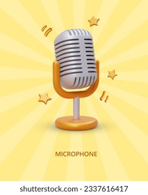 3D metal microphone on background of rays and golden stars. Announcement of concert, competition, audition. Singing theme, karaoke. Vector concept with text