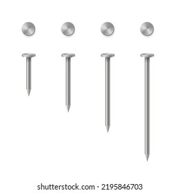 3d metal nails set vector illustration. Realistic iron hardware collection of pin nails of different lengths and steel circle head, construction, carpentry and fix equipment on white background