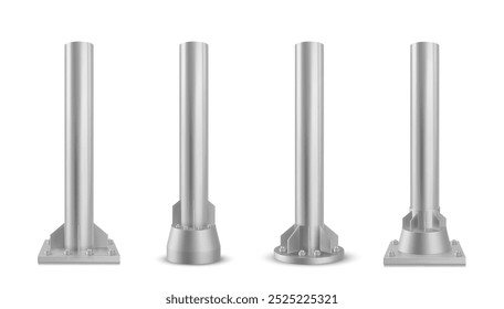 Pilar de metal 3D. Vector de soporte de poste de acero de hierro. Estructura del tubo del cilindro para la base del tablero de carretera. Maqueta del palillo de la cartelera de la calle de plata para la construcción de la publicidad aislada fijada. Soporte realista de la lámpara de calle