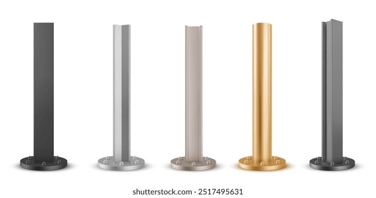 3d metal pole base of different shapes and colors. Realistic vector set of grey and black, gold and bronze metallic column pipe with screws for advertising billboard, signpost or streetlight.