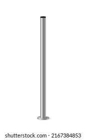 3d metal pole signpost on base vector illustration. Realistic grey steel, iron or chrome pillar with polished surface, vertical cylinder pipe holder for board or flag isolated on white background