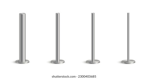 3d metal pole signpost on base vector illustrations set. Realistic grey steel, iron or chrome pillars with polished surface, vertical different diameter cylinder pipe holders for board or flag.