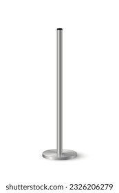 3d metal pole signpost on base vector illustration. Realistic grey steel, iron or chrome pillar with polished surface, vertical different diameter cylinder pipe holders for board or flag.