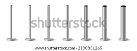 3d metal pole signpost on base vector illustrations set. Realistic grey steel, iron or chrome pillars with polished surface, vertical different diameter cylinder pipe holders for board or flag Zdjęcia stock © 
