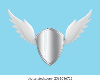 3D metal shield with wings isolated on blue background. Safety badge, security insurance. Reliable protection concept. Vector 3d illustration