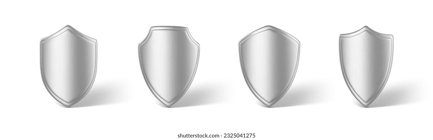 3D metal shields set isolated on white background. Concept of secure protection. Vector 3d Illustration