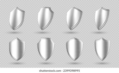 3D metal shields set isolated on transparent background. Icons protection and security. Concept of secure protection. Vector 3d Illustration